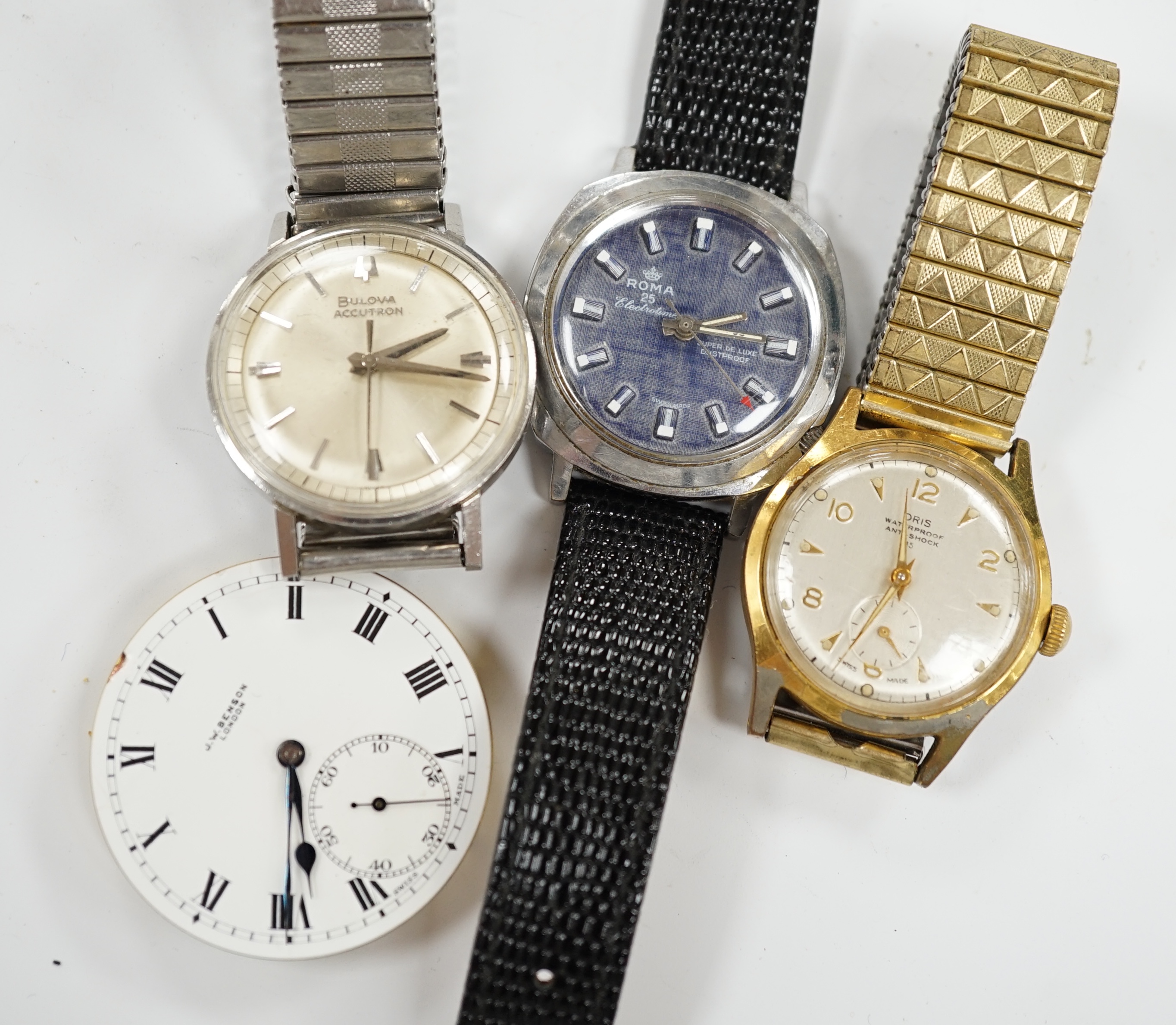 A gentleman's stainless steel Bulova Accutron wrist watch, on associated flexible strap, two other gentleman's wrist watches including Oris and a J.W. Benson pocket watch movement.